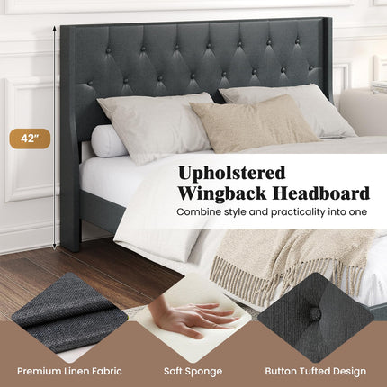 Dreamade Queen Size Upholstered Bed Frame Linen Fabric Platform Bed with Button Tufted Wingback Headboard