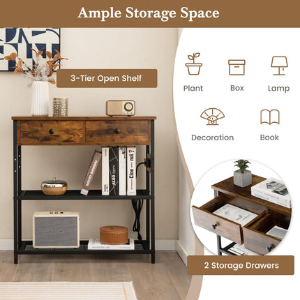 Dreamade Console Table with Outlets - 3-Tier Entryway Table w/USB Ports, 2 Storage Drawers