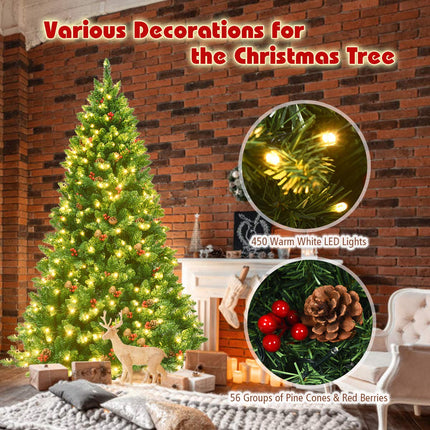 Dreamade 6.5FT Pre-Lit Christmas Tree with 1100 Branch Tips Pine Cones and Red Berries