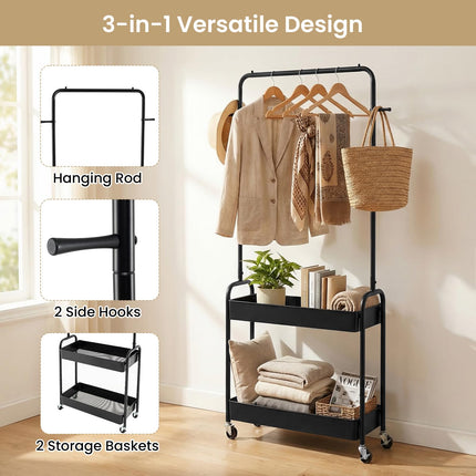 Dreamade Heavy-Duty Rolling Clothes Rack with 2 Storage Baskets & Side Hooks
