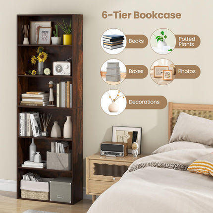 Dreamade 6-Tier Bookcase, 70" Tall Wooden Bookshelf, Freestanding Storage Organizer w/Open Shelves