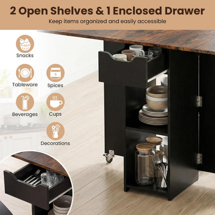 Dreamade 47.5" Folding Dining Table | Drop Leaf Wooden Dinner Table with 2-Tier Storage Shelf and Drawer