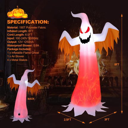DREAMADE 8FT Halloween Inflatable Ghost with Rotating Flame Red LED Lights