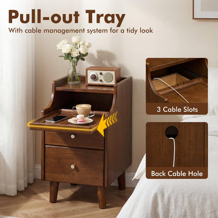 Dreamade 12'' Slim Wood Bedside Table w/Pull-Out Tray & Cable Hole (1/2)