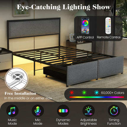 Dreamade Queen/Full/Twin Size Bed Frame with LED Lights and 2 Storage Drawers