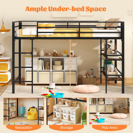 Dreamade Low Loft Bed Twin Size Heavy Duty Metal Frame w/Storage Shelves