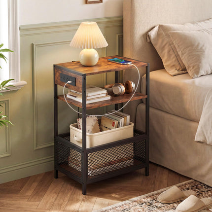 Dreamade 3-Tier End Table w/Metal Mesh Compartment & 2 AC Outlets (1/2)