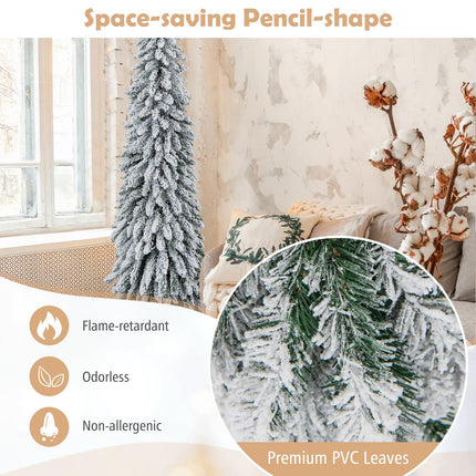 Dreamade 6ft Pre-Lit Flocked Christmas Tree, Artificial Slim Pencil Xmas Tree with 250 LED Lights