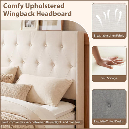 Dreamade Modern Linen Upholstered Platform w/Button Tufted Wingback Headboard & Hydraulic Support