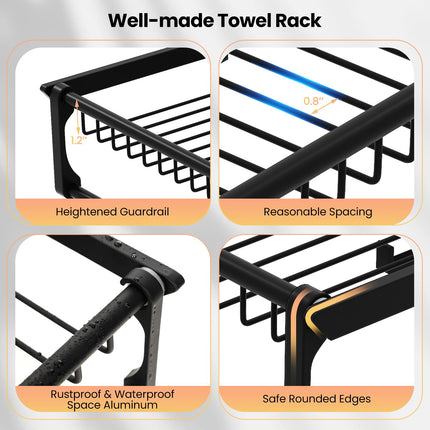 Dreamade Foldable Towel Rack for Bathroom, Wall Mounted Towel Holder Organizer w/ 1 Basket, 1 Towel Bar & 5 Sliding Hooks