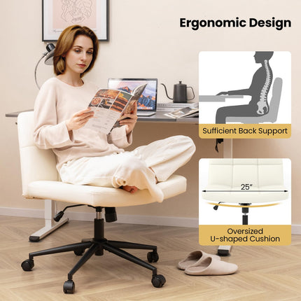 Dreamade Criss Cross Chair with Wheels, PU Leather Cross Legged Office Chair, Height-adjustable Swivel Vanity Chair