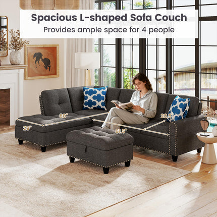 Dreamade 98 Inches Sectional Sofa Couch with Movable Storage Ottoman and Linen Fabric Backs