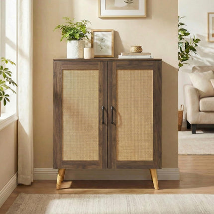 Dreamade Shoe Cabinet with Doors 4-Tier Rattan Shoe Rack Organizer Cabinet(Rattan Door)