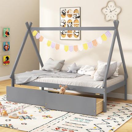 Dreamade Twin Bed Frame with 2 Storage Drawers, Wood House Tent Platform Bed Frame with Triangle Structure