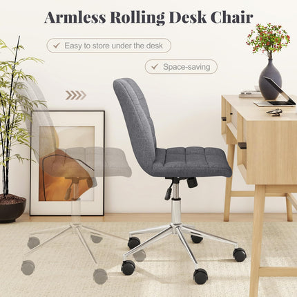 Dreamade Armless Office Chair, Linen Fabric Vanity Chair with Wheels & Adjustable Height, 360° Rolling Swivel Task Computer Chair