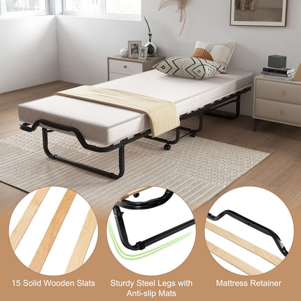 Dreamade Folding Bed with Mattress, 75x31 Cot Size Bed Frame, Roll Away Beds with Mattresses for Adults