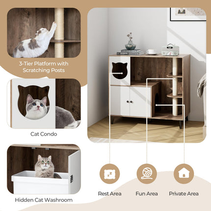 Dreamade Cat Litter Box Enclosure - Wooden Cat House Washroom Hidden Furniture with Cat Tree
