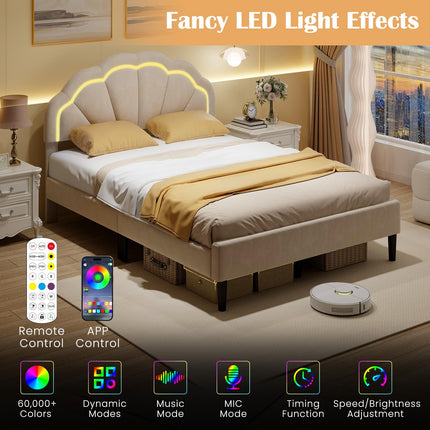 Dreamade Full Size LED Bed Frame, Velvet Upholstered Full Platform Bed with Adjustable Cloud Headboard