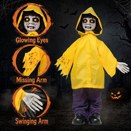 DREAMADE 30 Inch Halloween Little Yellow Raincoat Animatronic Prop Decor