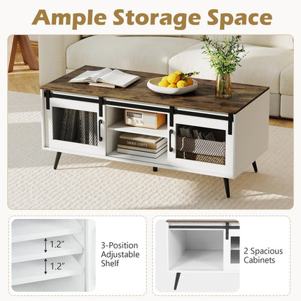 Dreamade 48" Farmhouse Coffee Table with Sliding Doors & Adjustable Shelf