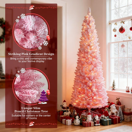 Dreamade 6ft / 7ft Pink Slim Pencil Christmas Tree | Pre-lit Snow Flocked Artificial Skinny Xmas Tree