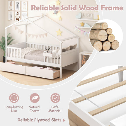 Dreamade Twin House Bed with Drawers, Wooden Twin Bed Frame with Cube Storage & Fence Rails