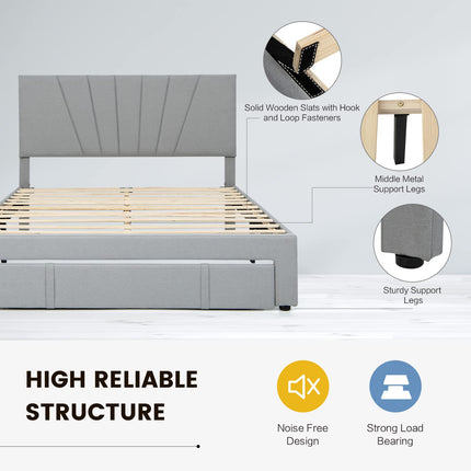 Dreamade Upholstered Queen Bed Frame with Drawer, Modern Platform Bed with Storage & Adjustable Headboard
