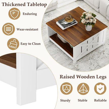 Dreamade Farmhouse Coffee Table 31 Inch Square Wood Coffee Table with Storage Shelf