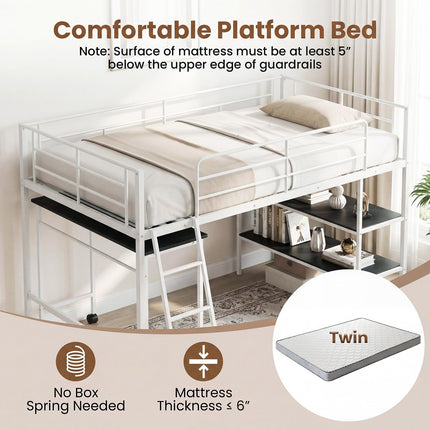 Dreamade Low Loft Twin Size Bed with Desk & Bookshelf