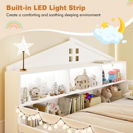 Dreamade Montessori Floor Bed with LED Lights 2-in-1 Wooden House Bed Frame with Safety Guardrails