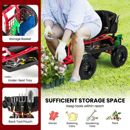 Dreamade Cushioned Rolling Garden Cart Scooter with Storage Basket and Tool Pouch