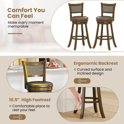 Dreamade 30" Bar Height Bar Chairs with PE Rattan Backrest Upholstered Leathaire Barstools