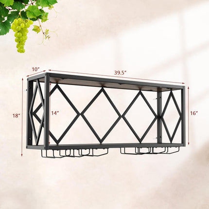 Dreamade Wall Mounted Wine Rack, Wine Display Shelf w/Wine Bottle Rack & 6 Rows of Stemware Holder