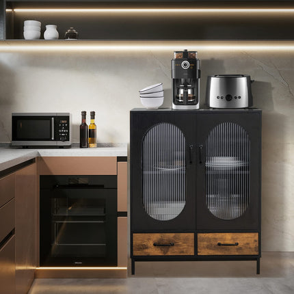 Dreamade Buffet Cabinet with 2 Drawers, Wooden Sideboard, Standing 2-Tier Cupboard (Black & Brown)