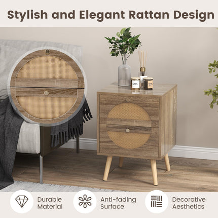 Dreamade Rattan Nightstand Set of 2, Boho Bedside Tables with 2 Rattan Drawers