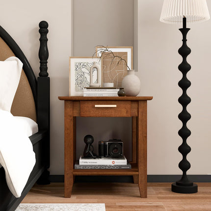 Dreamade Rattan Nightstand with Drawer, Mid Century End Table with Storage Shelf, Sofa Side Table with Solid Rubber Wood Legs