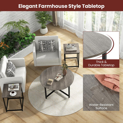 Dreamade Round Nesting Table Set of 3, Farmhouse Coffee Table w/2 End Tables, Sturdy Metal Frame (Black Oak)