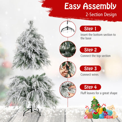 Dreamade 4.5ft Pre-Lit Snow Flocked Christmas Tree, Artificial Hinged Full Xmas Tree with 279 PVC & Pine Needles