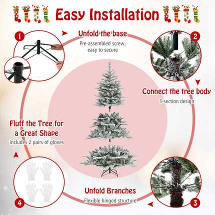 Dreamade 6/7/8 ft Pre-Lit Snow Flocked Christmas Tree, Artificial Hinged Xmas Tree with 661/1119/1447 PVC & PE Tips