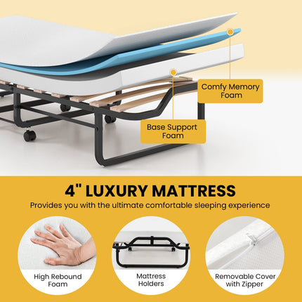Dreamade Folding Bed with 4 Inch Mattress for Adults, Cot Size Rollaway Bed for Guest, 75"x 31"