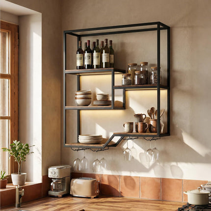 Dreamade Wall Mounted Wine Rack 6-Tier Hanging Bar Shelf with Bottle Display Shelf and Glass Holder