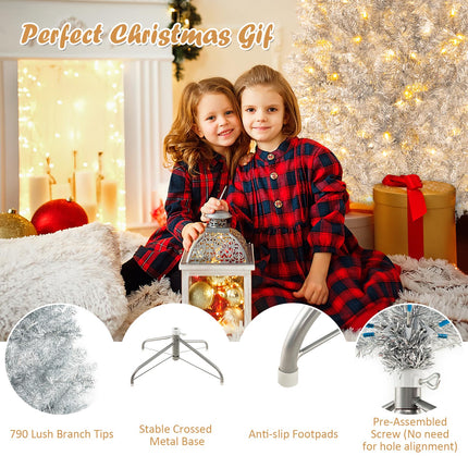 Dreamade 6ft Pre-lit Silver Pencil Christmas Tree, Artificial Tinsel Electroplated Tree, Decor for Home