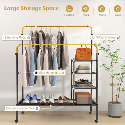 Dreamade Double Rods Garment Rack with Wheels, Clothing Rack w/ 2 Hanging Height Adjustable Rods, Side Mesh Racks
