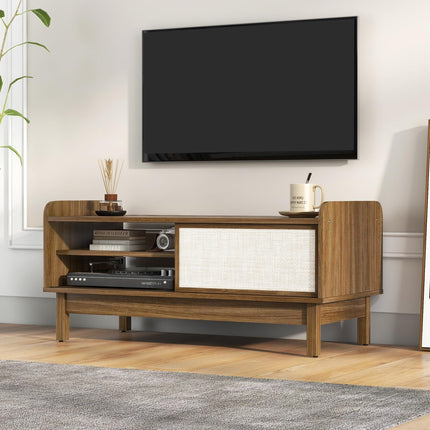 Dreamade Coffee Table with Storage and Sliding Doors, Mid-Century Modern Coffee Table with Adjustable & Removable Shelf
