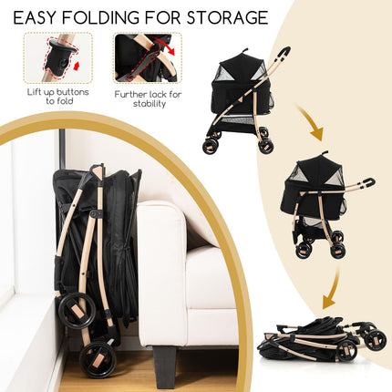 Dreamade Pet Stroller 3-in-1, Folding Dog Stroller Detachable Carrier Car Seat (Black & Gold)