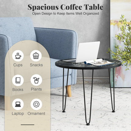 Dreamade Round Coffee Table, Faux Marble Center Table with Metal Legs, Sofa Accent Side Table