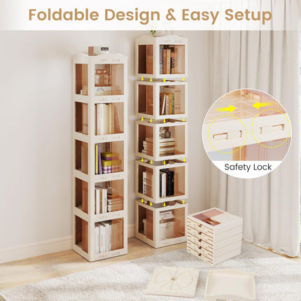 Dreamade 5-Tier Foldable Rotating Bookshelf w/Swivel Base | 360° Revolving Bookshelf Tower