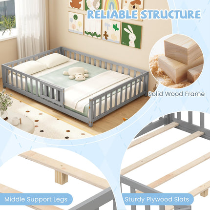 Dreamade Full Size Floor Bed for Kids, Montessori Floor Bed with Wood Slats & Safety Guardrails