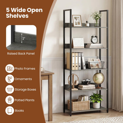 Dreamade 5-Tier Tall Wooden Open Bookcase with Back Panels & Metal Frame (1/2)