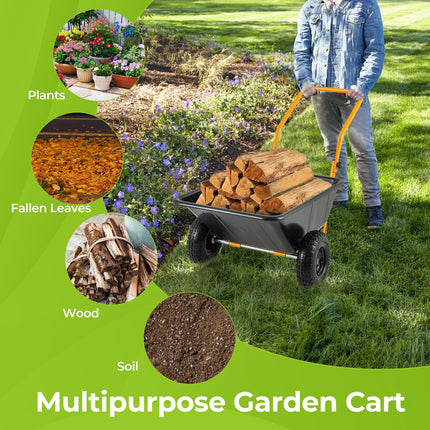 Dreamade Dual-Wheel Wheelbarrow, Heavy-Duty Garden Utility Cart with Built-in Stand, Pneumatic Tires, 330 Lbs Capacity, Foldable Handle